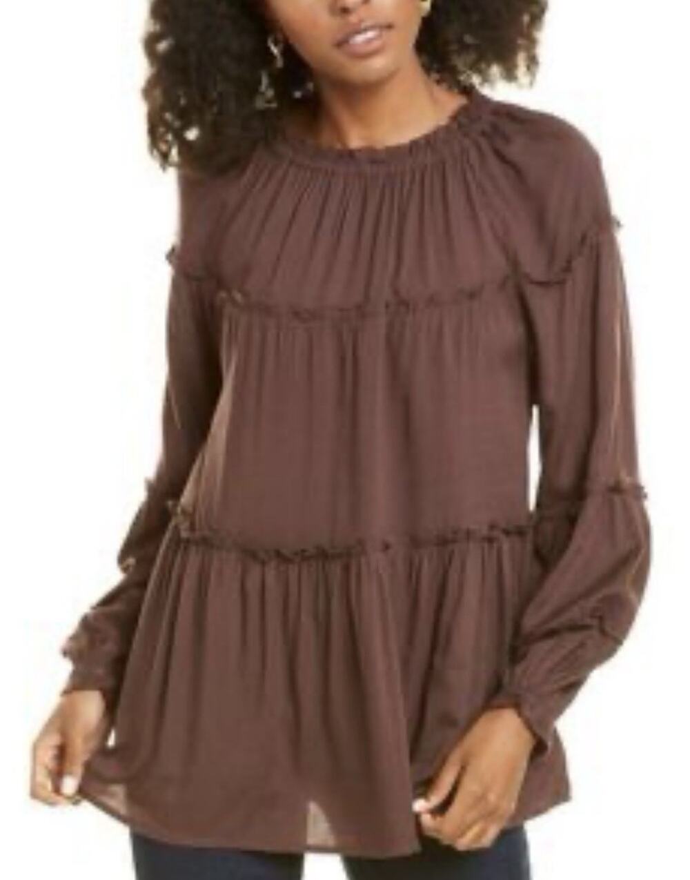 Beach Lunch Lounge Sz L Brown Layered Boho Peasant Balloon Slve Keyhole Ruffles
